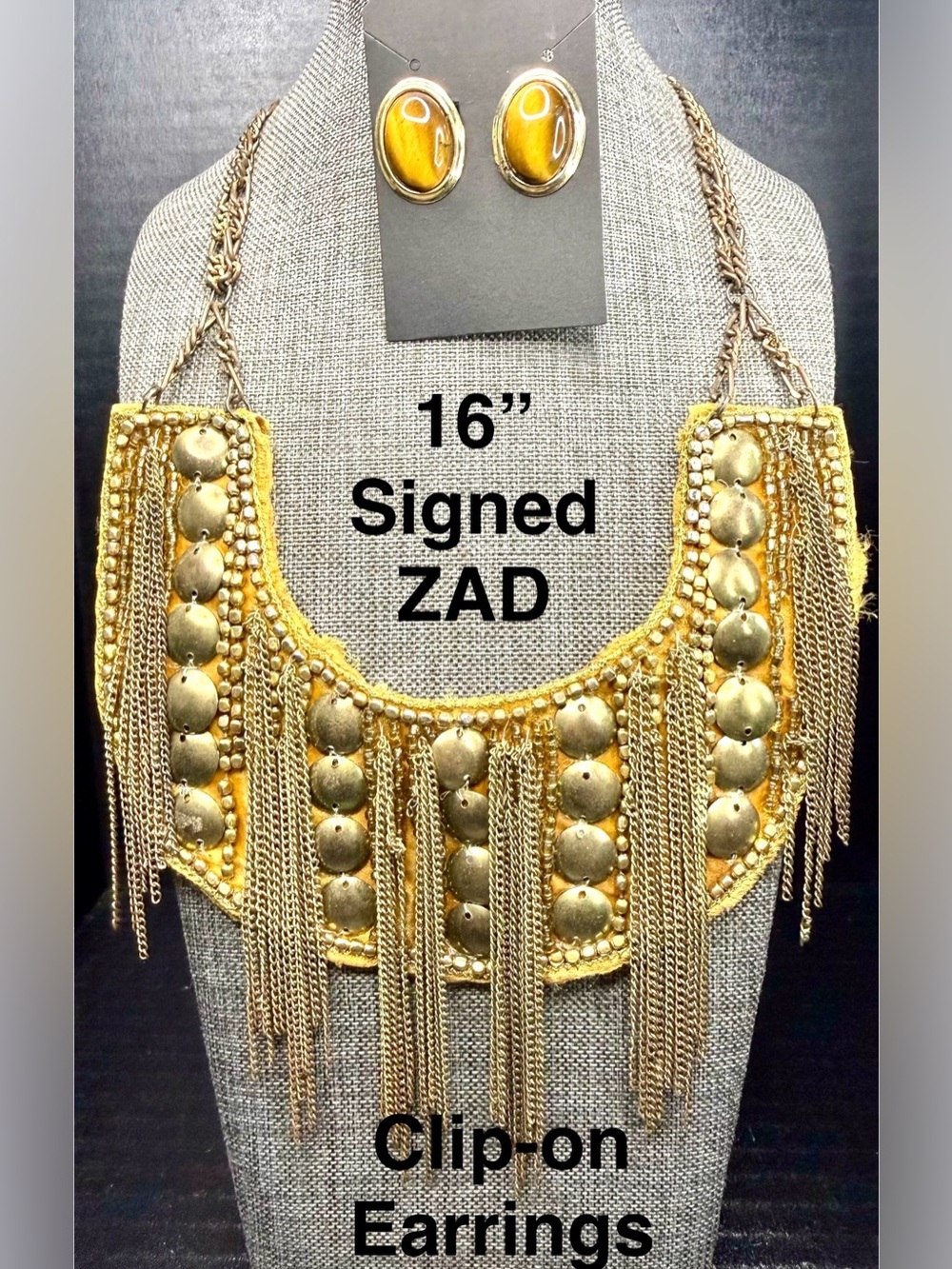 ZAD Gold-Tone Fringe Statement Necklace and Clip-On Earrings